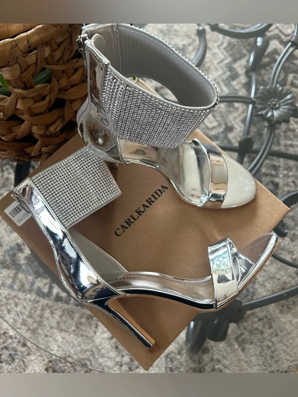 Carlkarida Silver Crystal Ankle-Cuff Stiletto Sandals